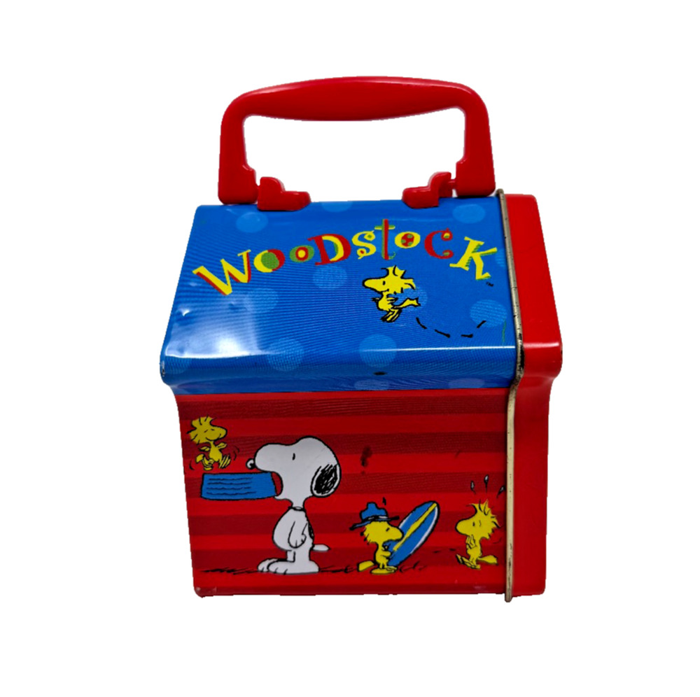 Vintage Peanuts Snoopy Woodstock Red Doghouse Tin Container Handle Damage